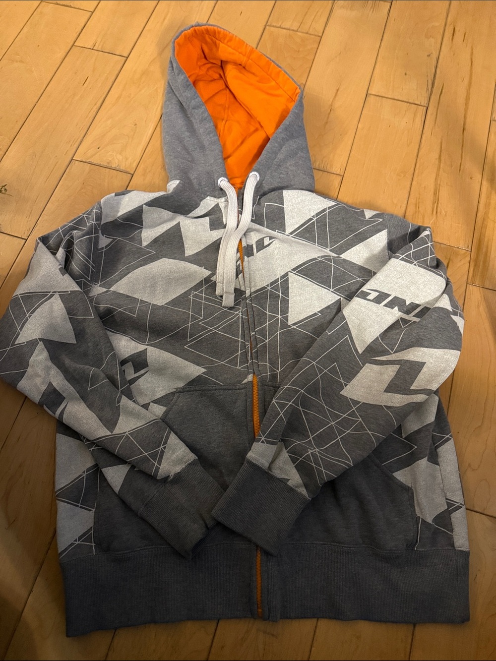 Men's Gray Zip-Up Hoodie with Orange Hood Lining and Geometric Print